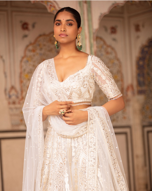 Frida Ivory-Based, Light Gold Lehenga Set With Chrome Applique