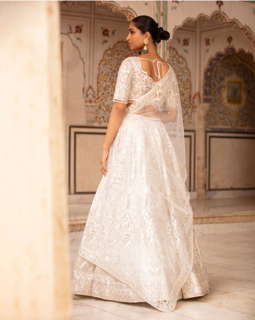 Frida Ivory-Based, Light Gold Lehenga Set With Chrome Applique