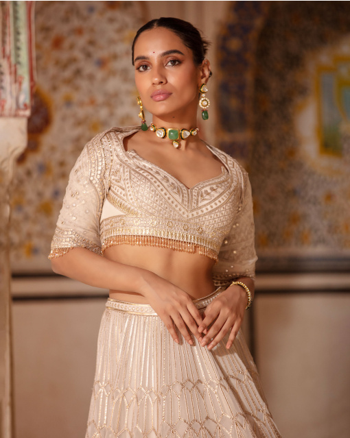 Francesca Light Beige-Based, Light Gold Lehenga Set With Palanquin Motifs