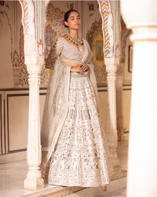 Felicity Quiet Grey, Light Gold Lehenga Set With Architectural Motifs