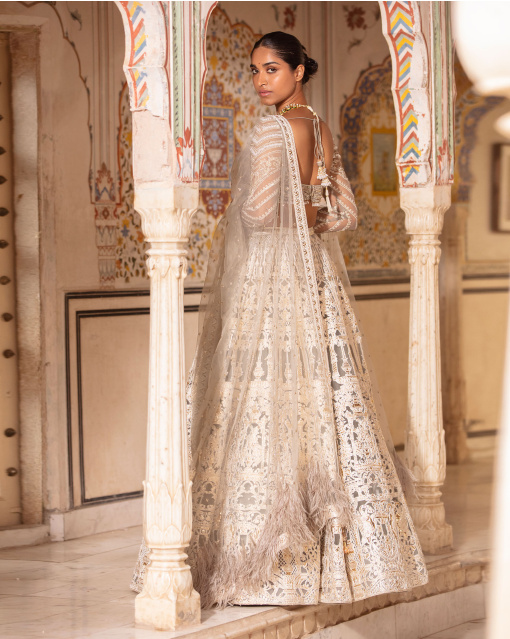 Felicity Quiet Grey, Light Gold Lehenga Set With Architectural Motifs
