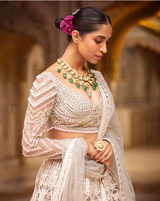 Felicity Quiet Grey, Light Gold Lehenga Set With Architectural Motifs