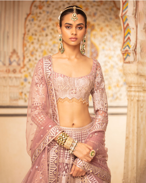 Faye Rose Quartz Pink, Light Gold Lehenga Set With Geometric Motifs