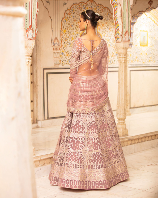 Faye Rose Quartz Pink, Light Gold Lehenga Set With Geometric Motifs