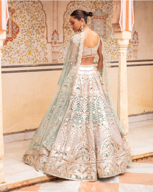 Everly Opal Blue, Light Gold Lehenga Set With Cropped Blouse