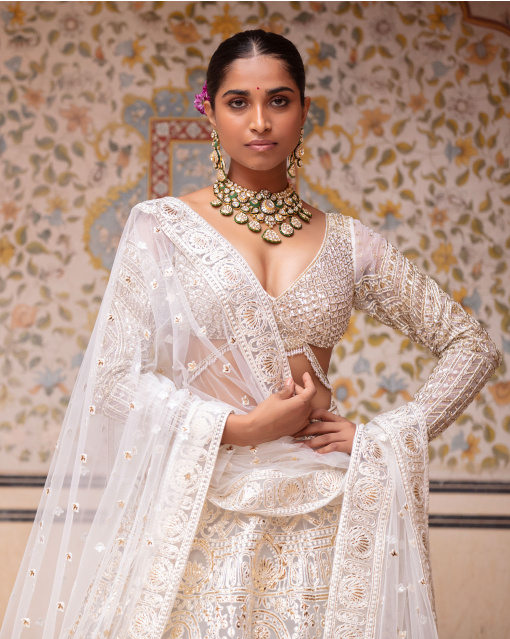 Estella Ivory-Based, Light Gold Lehenga Set With Sequins And Tassels