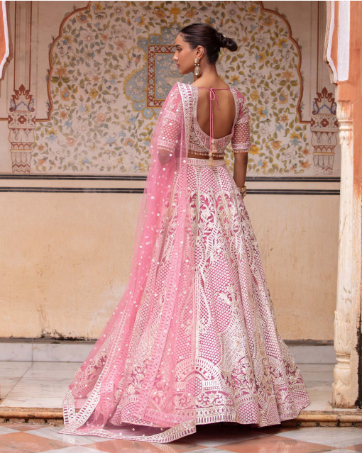 Elora Candy Pink, Light Gold Lehenga Set With Full-Sleeved Cropped Blouse