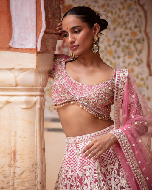Elora Candy Pink, Light Gold Lehenga Set With Full-Sleeved Cropped Blouse