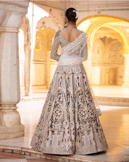 Elizabeth Dark Grey, Light Gold Lehenga Set With Chrome Applique