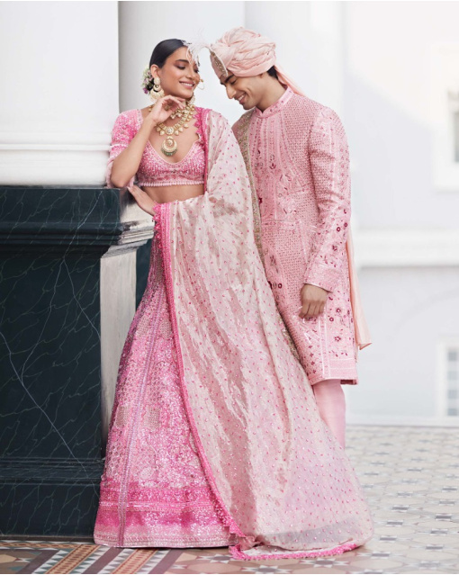 Adelyn Carmine Rose Pink Lehenga Set Skirt Replete With Pink Thread