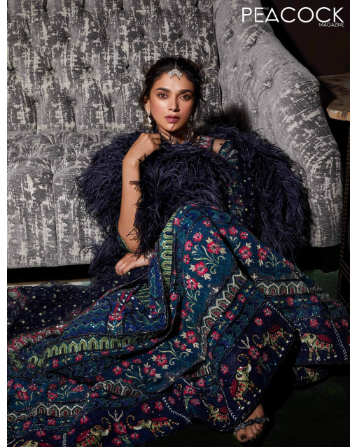 Aditi Rao Hydari Dark Blue Embroidered With Feather Lehenga Set