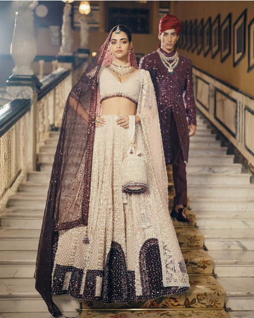 Alida Faded Rose Pink-Based, Ivory, Golden And Maroon Lehenga Set