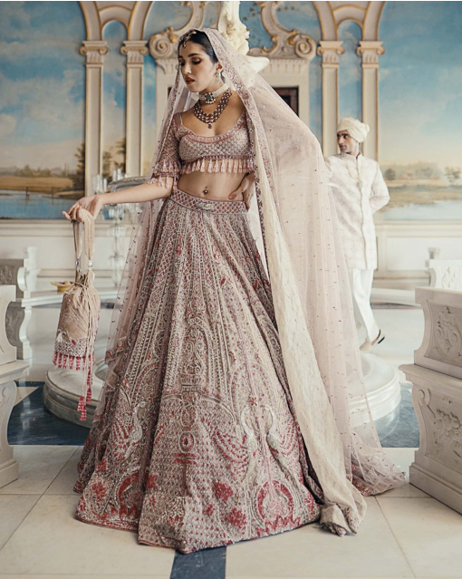 Alphosine Beige-Based, Pink Lehenga Set With Intricate Embroidery