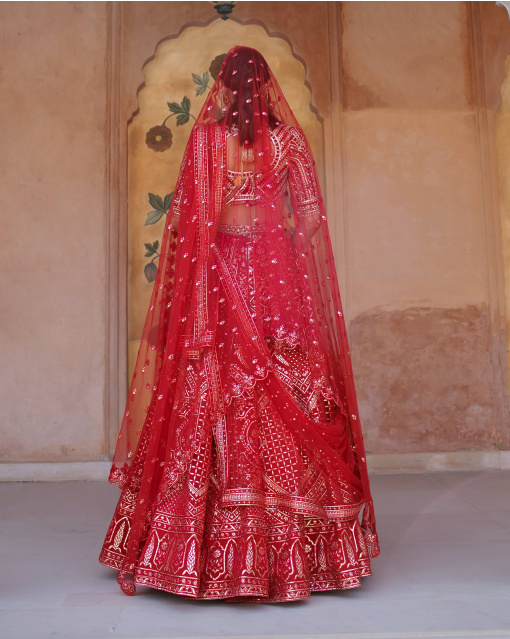 Sorrel Red Chrome Applique Lehenga Set Adorned With Floral Motifs
