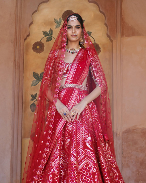 Sorrel Red Chrome Applique Lehenga Set Adorned With Floral Motifs