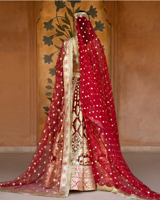 Beatrice Red Chrome Applique Lehenga Set Adorned With Floral