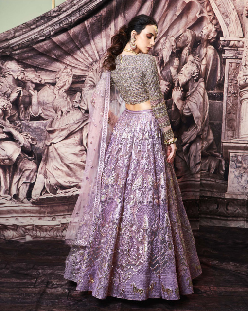 Carmen Golden Foil Lehenga Set With Dusty Pink