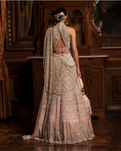 Odile Light Pink Lehenga Set With Golden & Silver Embroidery