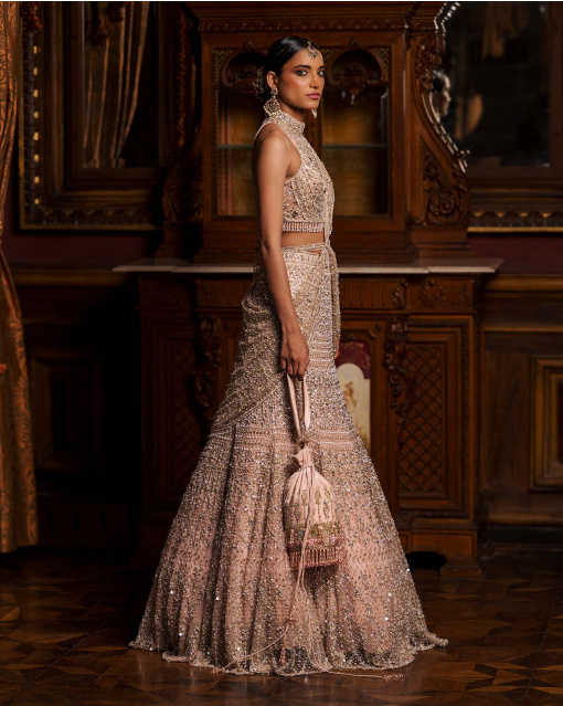 Odile Light Pink Lehenga Set With Golden & Silver Embroidery