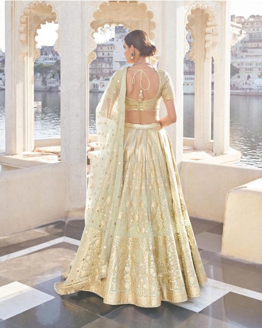 Harsya Sage Green Chrome Applique Georgette Lehenga Set