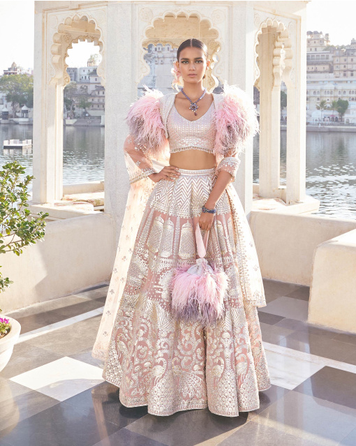 Gitali Peach Pink Chrome Applique Georgette Lehenga Set