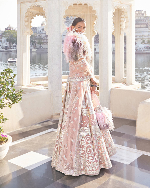 Gitali Peach Pink Chrome Applique Georgette Lehenga Set