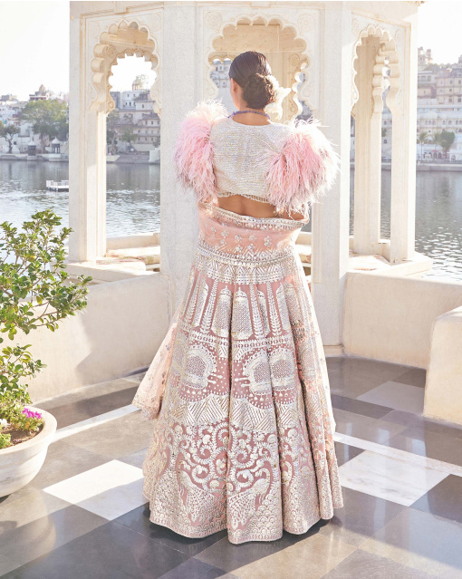 Gitali Peach Pink Chrome Applique Georgette Lehenga Set