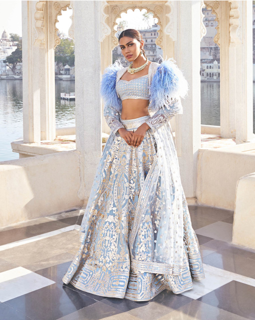 Gauri Powder Blue Chrome Applique Georgette Lehenga Set