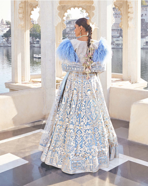 Gauri Powder Blue Chrome Applique Georgette Lehenga Set