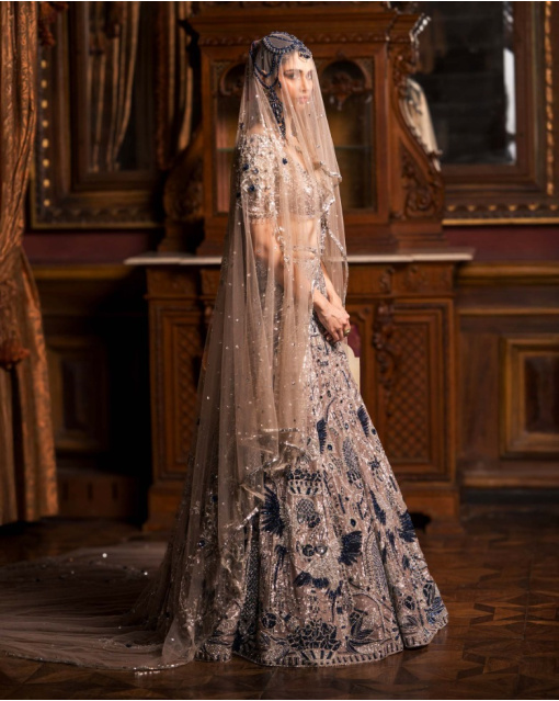 Clarisse Crystal Pink Lehenga Set With Golden And Royal Blue Motifs