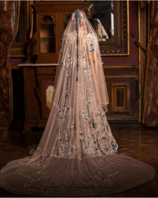 Clarisse Crystal Pink Lehenga Set With Golden And Royal Blue Motifs