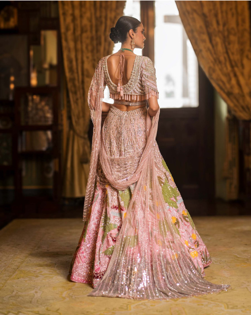 Martine Pink & Silver Lehenga Set With Bird And Garden Embroidery