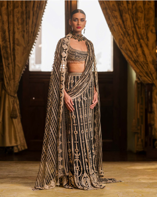 Marion Black Fitted Lehenga Set With Golden Embroidery & Mirrors
