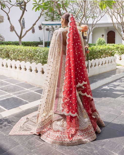 Kamal Beigeish Grey Tulle Lehenga Set With Pure Silk Red Border
