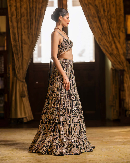 Leonie Black Lehenga Set With Parrot & Lotus Embroidery Work