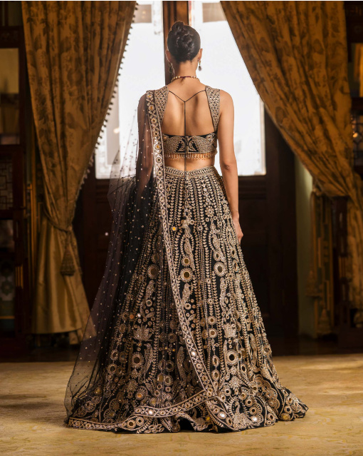 Leonie Black Lehenga Set With Parrot & Lotus Embroidery Work