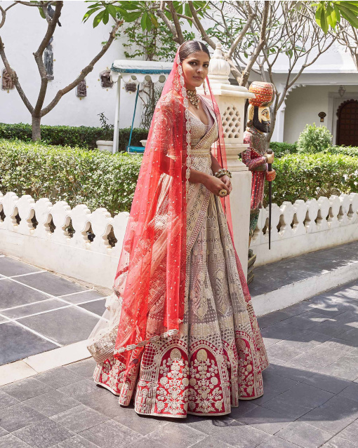 Jyot Beigeish Grey Tulle Lehenga Set With Pure Silk Red Border