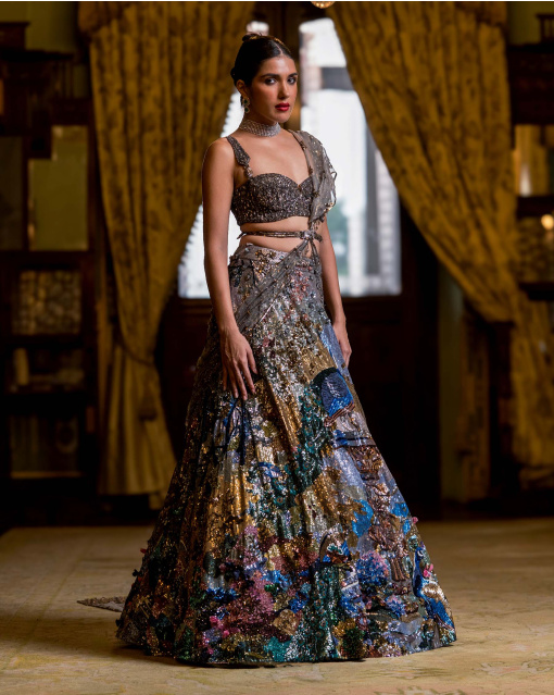 Anais Multicoloured Lehenga Set With Peacock Embroidery