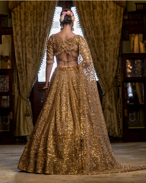 Basile Golden Lehenga Set With Sequins, Beads And Crystals