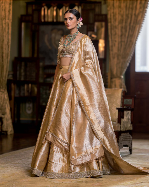 Zelie Golden Silk Lehenga Set With Elephant & Swan Motifs