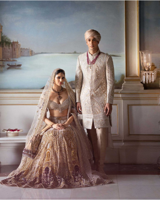 Alodie Faded Mauve-Based, Ivory, Golden And Maroon Lehenga Set