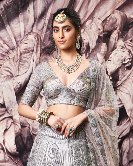 Erin Grey Tulle Lehenga Set With Golden Foil Work