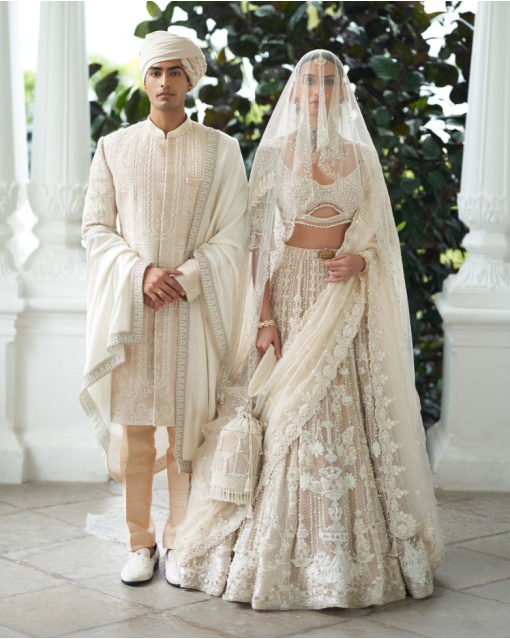 Evelyn Faded Beige-Based Ivory Lehenga Set With Ivory Threadwork