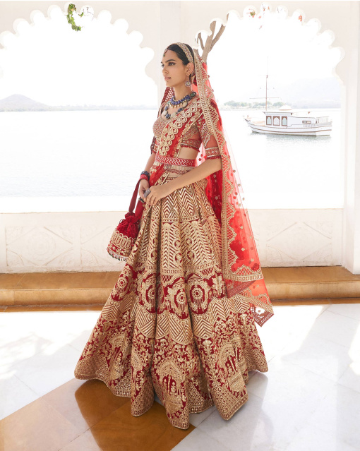 Anvi Red Chrome Applique Lehenga Set With Silk Threads