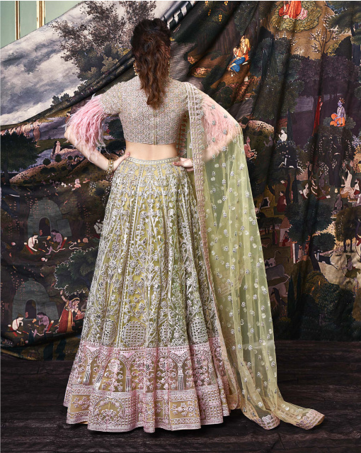 Gia Olive Green, Tulle Lehenga Set With Silk Threads