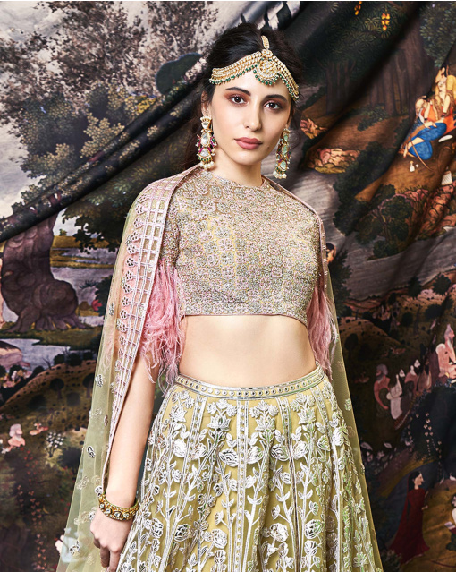 Gia Olive Green, Tulle Lehenga Set With Silk Threads