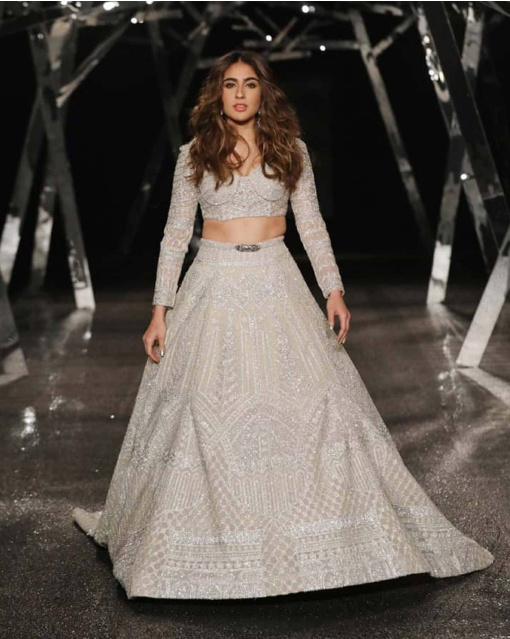 Sara Ali Khan Ivory-based crystal cascaded lehenga