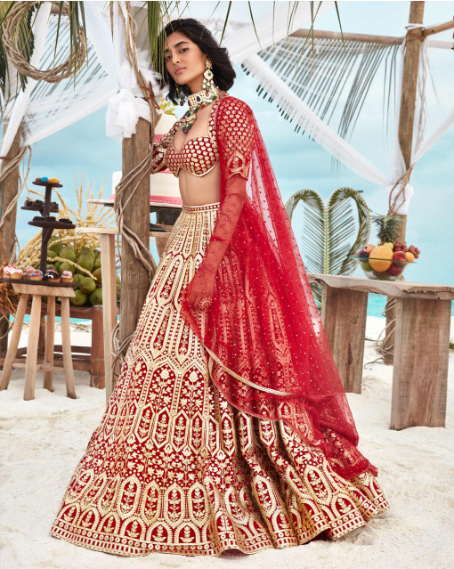 RED-BASED, GOLDEN CHROME APPLIQUE LEHENGA