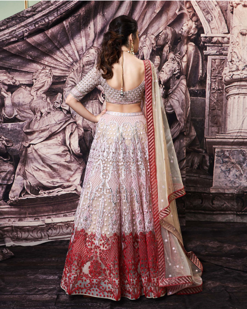 Lisa Beige Tulle And Golden Foil Work Lehenga Set
