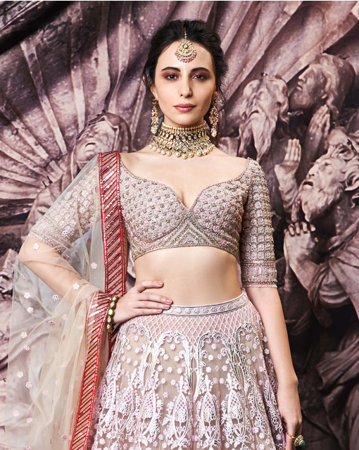 Lisa Beige Tulle And Golden Foil Work Lehenga Set